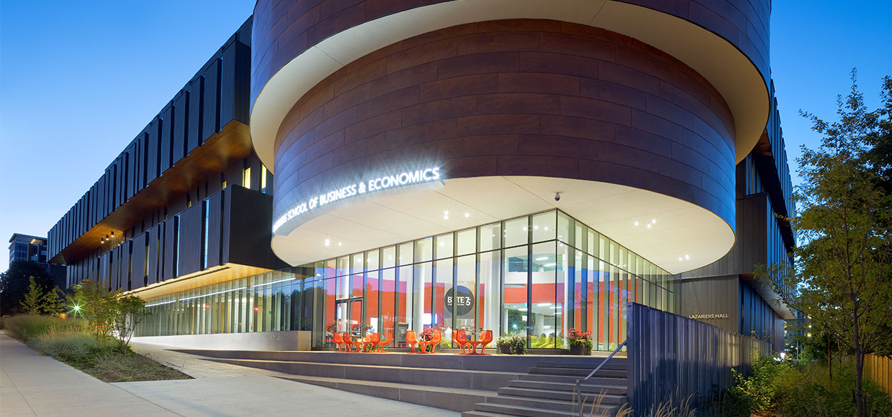 Lazaridis Hall exterior at dusk.