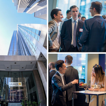 composite image of buildings and people at a social function