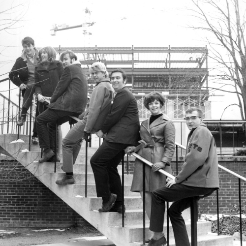 Photo of students outside the Dr. Alvin Woods Building circa 1960scirca 