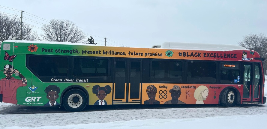 Side view of the Region of Waterloo's Black History Month bus.