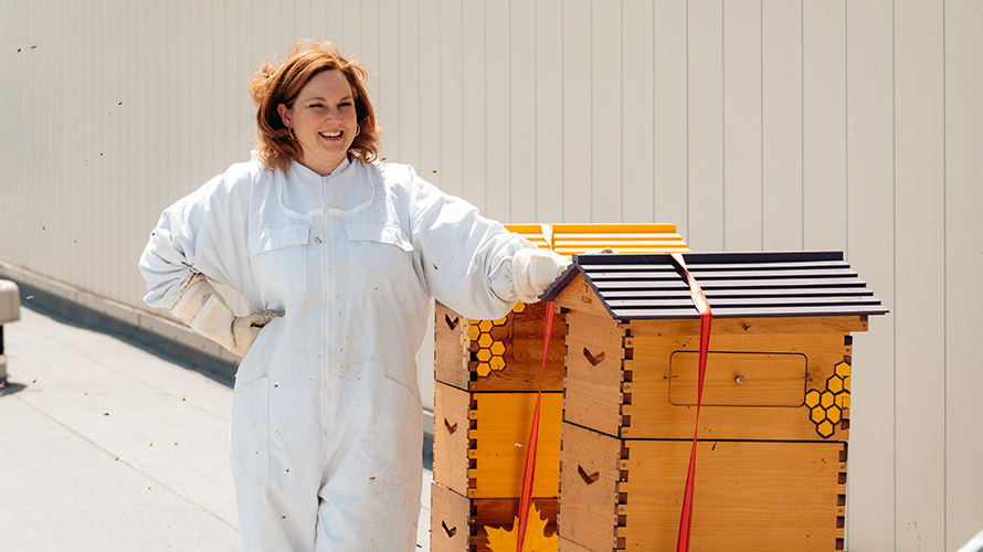 beekeeper stands by purple and gold beehives